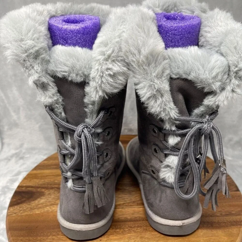 Rampage Boots Girls 4M Gray Faux Suede Soft Plush Fur Lined‎ Tall Fall Winter